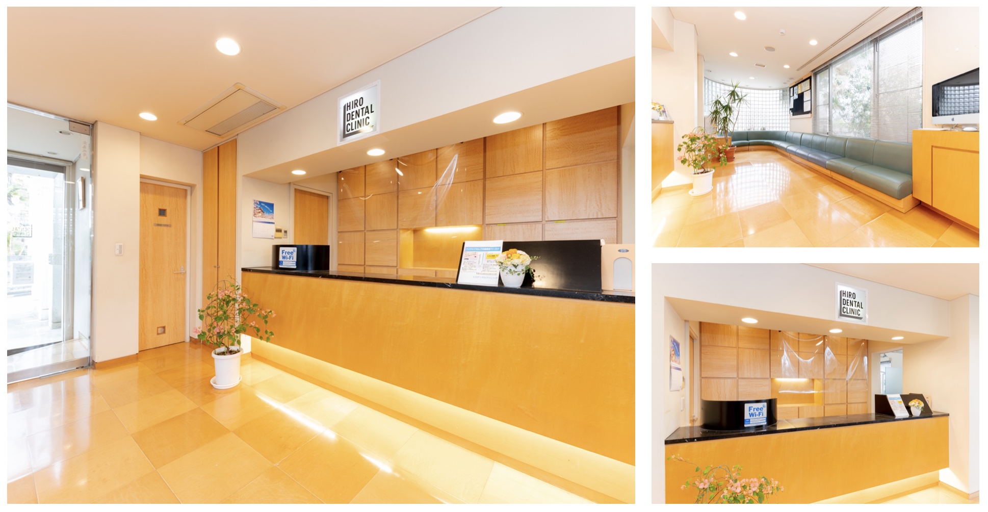 木の優しさはカナダ産のメープルで醸し出し、レセプションカウンターには黒御影を使用